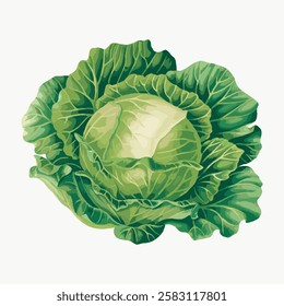 Illustration of a fresh green cabbage with layered leaves. Cabbage with vibrant green color. Cabbage illustration showcasing natural textures and leafy details. Vintage vegetable illustration vector.