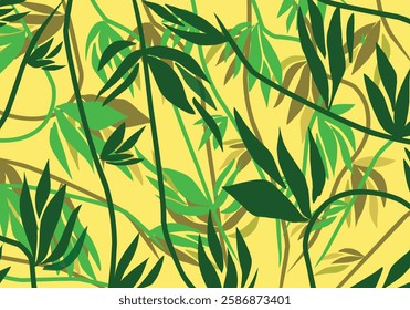 Illustration of fresh green leaves and twigs forming an ornamental pattern on a yellow and white background