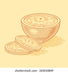 Illustration of fresh half an orange with slices. Vector vintage fruit. Stylized drawing hands. Engraving image of food.  Graphic Color poster