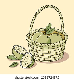 Illustration of fresh lime fruits in a woven basket, featuring whole and sliced limes with leaves. This digital artwork is perfect for food packaging and menu designs.