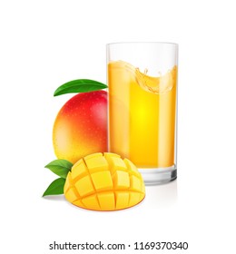 Illustration of fresh mango fruit and mango juice isolated realistic