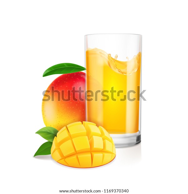 新鮮なマンゴーの果物とマンゴーのジュースのイラストをリアルに表示 のベクター画像素材 ロイヤリティフリー
