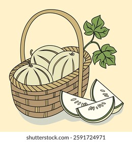 Illustration of fresh melons in a woven basket, featuring whole and sliced pieces along with green leaves. This high-quality digital artwork is perfect for food-related designs.