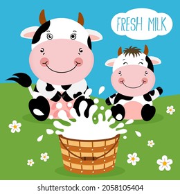 Illustration of fresh milk with mom cow and her little son
