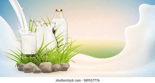 Illustration of fresh milk pouring in glass standing near bottle and hiding in grass with stones around, vector bright sunny background for label design or advertising