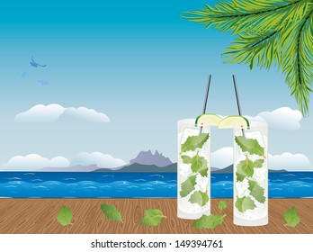 Illustration of fresh mojito drink on the wooden table.