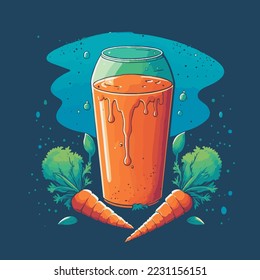 illustration of fresh orange carrot juice on bottle Glass, carrot slices vector hand drawn poster