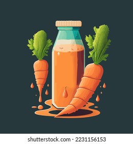 illustration of fresh orange carrot juice on bottle Glass, carrot slices vector hand drawn poster