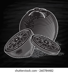Illustration of fresh orange with slices. Vector vintage fruit. Stylized drawing hands. Engraving image of food. Drawing with chalk on Chalkboard drawing for cafe designe