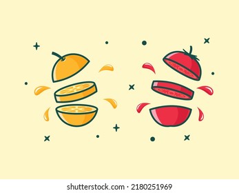 Illustration Of Fresh Orange And Tomato Split And Squirt Vector Illustration.