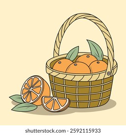 illustration of fresh oranges in a woven basket, featuring whole and sliced pieces along with green leaves. This vibrant digital artwork is ideal for food-related designs.
