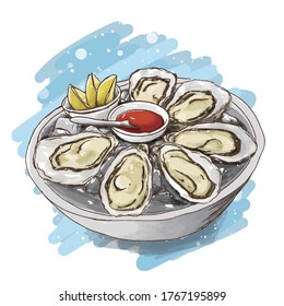 Illustration of Fresh oysters with lemon's slices in ice. Food Art.