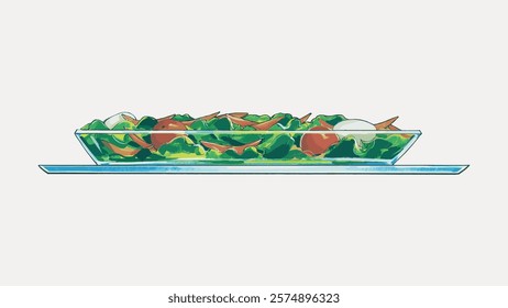 Illustration of a fresh salad in a rectangular dish. The salad features leafy greens, tomatoes, and onions. A vibrant, healthy salad illustration. Vintage art drawing, isolated vector element.