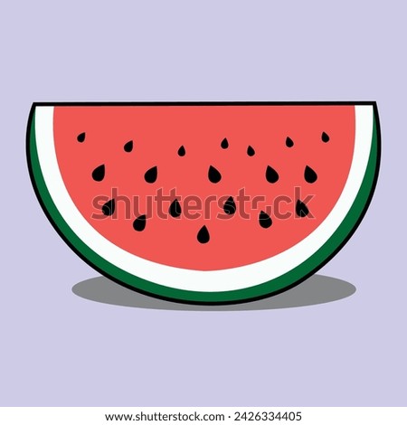 An illustration of a fresh slice of watermelon with enticing red flesh and contrasting black seeds. This slice looks fresh and appetizing.