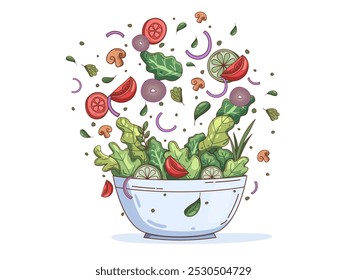 Ilustração de uma salada vegetal fresca em uma tigela branca. Os ingredientes, incluindo tomates cortados, pepinos, cebolas, cogumelos e folhas verdes, são organizados dinamicamente como se flutuassem acima.