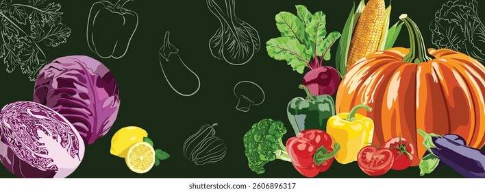 Illustration of fresh vegetables including pumpkin, cabbage, corn, and peppers on a dark green backdrop.