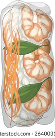 Illustration of a fresh Vietnamese spring roll with shrimp, carrots, and greens. Clean lines and vibrant colors enhance the appetizing look