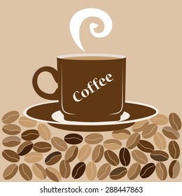 Illustration of freshly brewed coffee on a background of coffee beans.