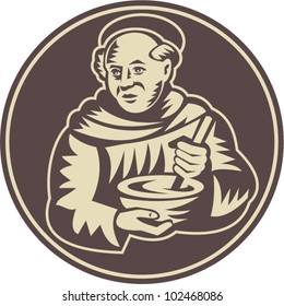 Illustration of a friar monk cook with mixing bowl done in retro woodcut style.