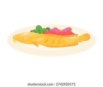 Illustration of fried catfish on a plate with vegetables and chili sauce. Marinated catfish. Golden brown fried catfish. Animals, fish, and food. Flat design. White background.
