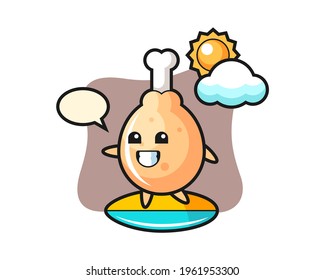 Illustration of fried chicken cartoon do surfing on the beach, cute style design for t shirt, sticker, logo element