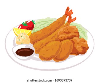 illustration of fried chicken and croquettes and fried shrimp