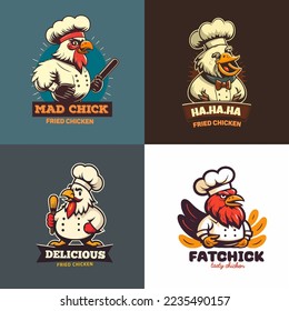 illustration of fried chicken rooster chef mascot logo for food restaurant concept branding in vector cartoon style