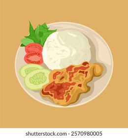 illustration of fried chicken sprinkled with spicy chili sauce and rice