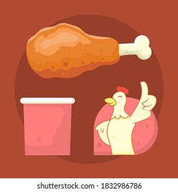 illustration of fried chicken or fried thighs, food containers or jars, the chicken mascot character showing his thumbs. food business. flat style. design elements