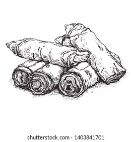 Illustration fried Chinese Traditional Spring rolls food.Sketch.Asian cuisine restaurant menu or recipe.