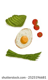 Ilustración de huevo frito aguacate rebanada de espárragos tomate para el desayuno