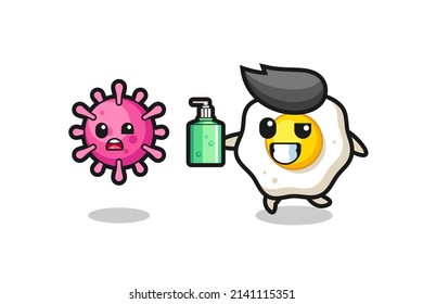 illustration of fried egg character chasing evil virus with hand sanitizer , cute style design for t shirt, sticker, logo element