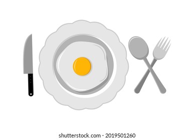 illustration of fried egg dish on a plate with spoon and knife