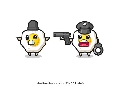 illustration of fried egg robber with hands up pose caught by police , cute style design for t shirt, sticker, logo element