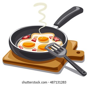 illustration of fried eggs with bacon on pan