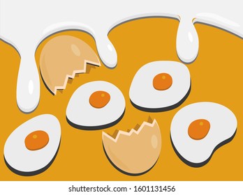 Illustration of Fried Eggs with White and Egg Shells on Yellow Background
