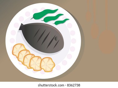 Illustration of fried fish and vegetables arranged in a plate