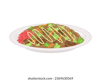 An illustration of fried noodles with sauce and mayonnaise served on a plate.