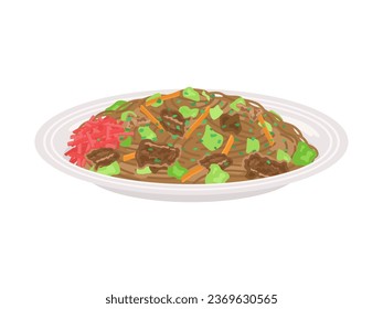 An illustration of fried noodles with sauce served on a plate.