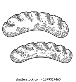 Illustration fried sausages in engraving style. Design element for logo, label, sign, poster, t shirt. Vector illustration