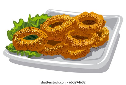 illustration of fried squid rings with lettuce on plate