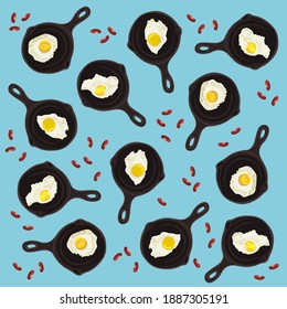 Illustration of fried sunny side up egg and red bean pattern background