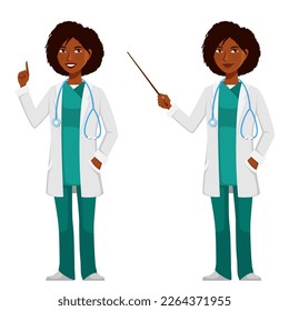 illustration of a friendly African American doctor wearing lab coat and stethoscope. Smiling black woman, working in health care. Cartoon character. Isolated on white.