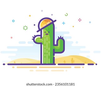 Illustration of a friendly cactus in the desert. Outline illustration in MBE style