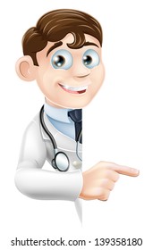 An illustration of a friendly cartoon doctor peeping round pointing at a sign or banner