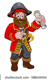 An Illustration Of A Friendly Cartoon Pirate Pointing Holding A Treasure Map