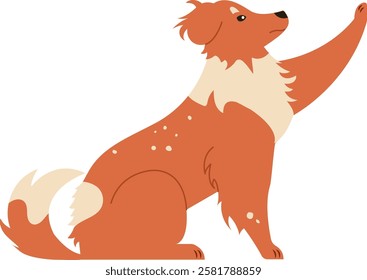 Illustration of a friendly collie dog with a raised paw, showcasing its fluffy coat and attentive expression. Perfect for pet related designs and animal themed projects