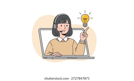Ilustración de un amigable agente de Servicio al cliente con auriculares, que aparece en la pantalla de una computadora portátil, señalando una bombilla brillante que simboliza una idea.