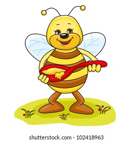 Illustration of friendly Cute Bee eating honey.