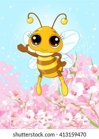 Illustration of a friendly cute bee showing and flying 